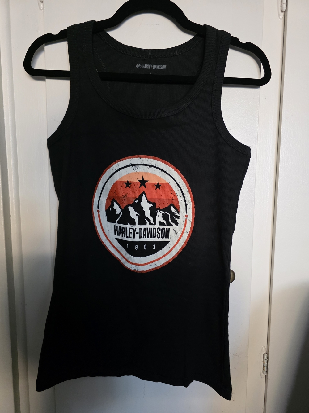 Harley-Davidson Black Tank with Orange & White Mountain Logo